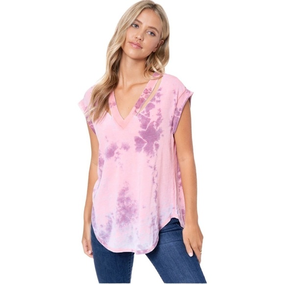 Maronie Tops - 𝅺Maronie Shirt Womens Large Tie Dye V-neck Distressed Tee Cutout Neckline